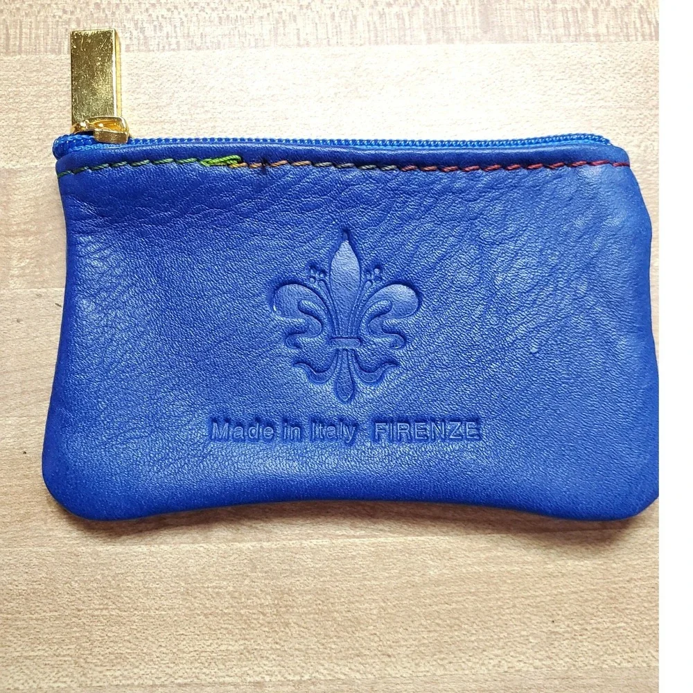 Made in Italy Firenze Blue Leather Fleur de Lis Coin Pouch Zipper Wallet Small